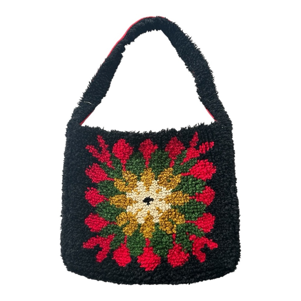 Hook Rug Style Granny Square Tote Bag Black Multicolor Lined Strap BOHO OOAK
